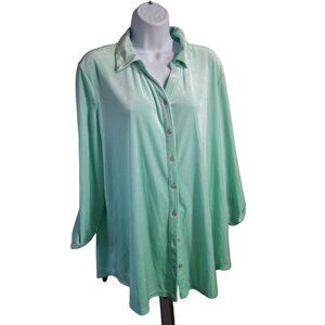 Kim Rogers Fleur XL Button-Up Shirt Aqua Roll Sleeve Casual Minimalist Lagenlook